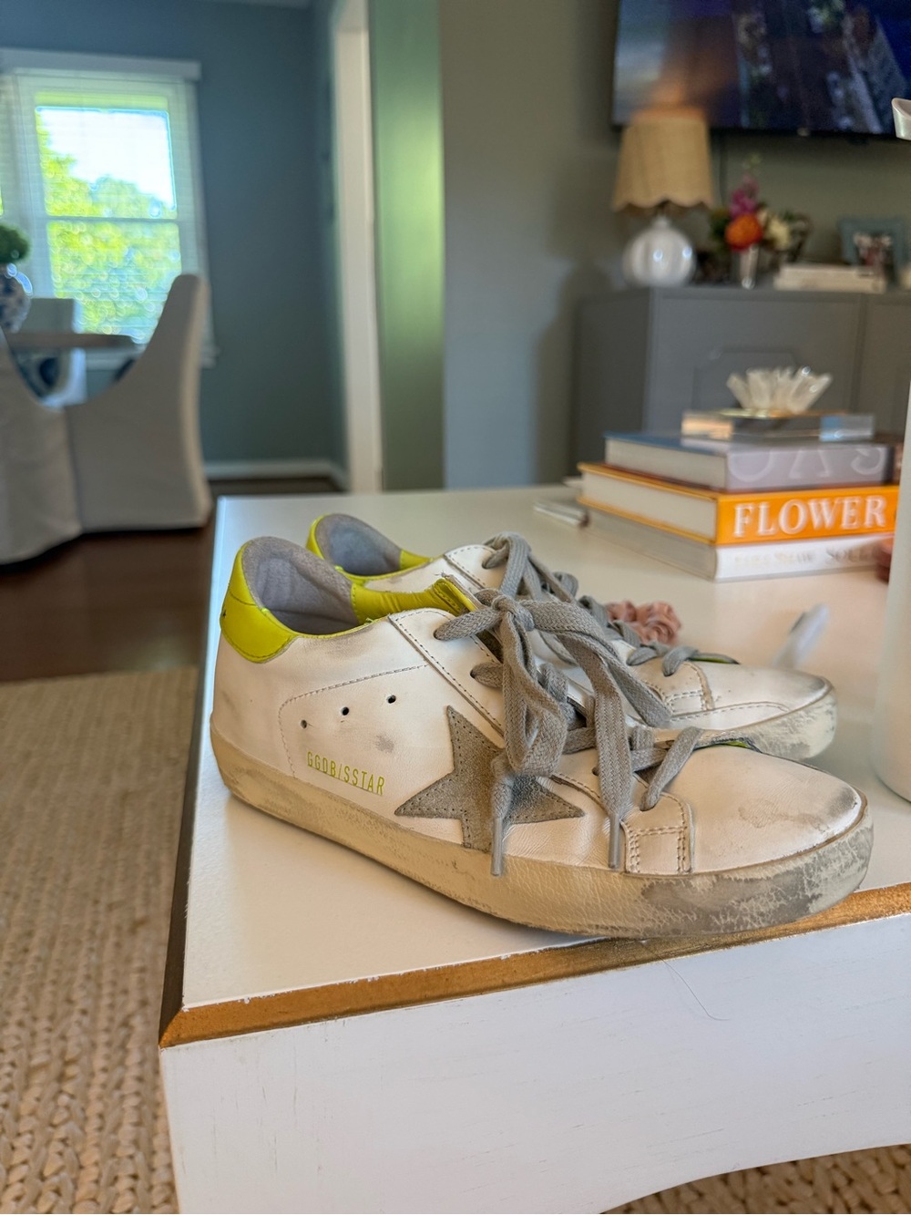 Golden Goose White Sneakers with Yellow Heel & Gray Star